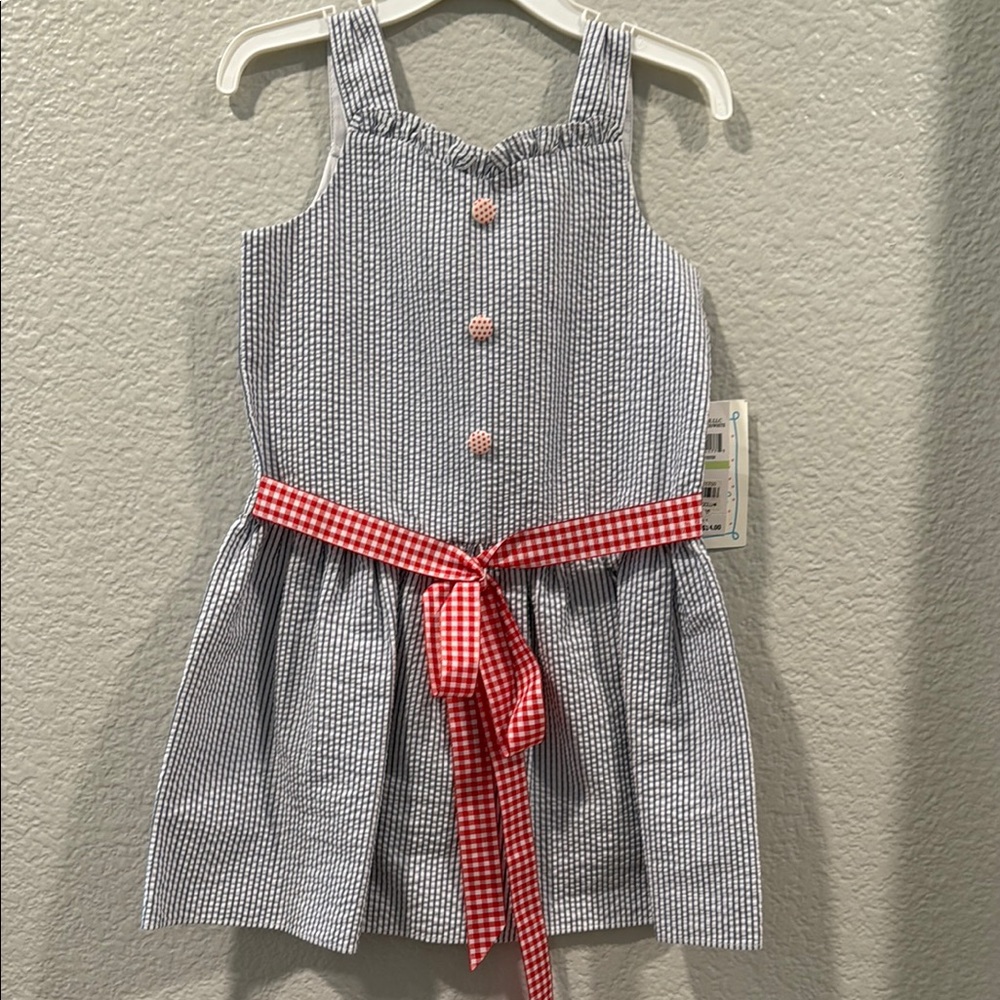 Fourth of July Blue and White Seersucker Dress with Red Bow